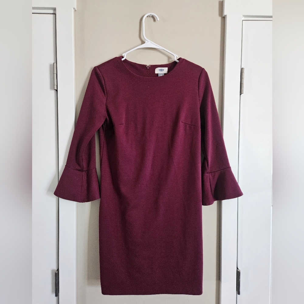 Old navy extra small xs maroon office dinner flare sleeve bell dress purple zip